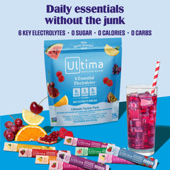 Ultima Replenisher primer plano del polvo en stickpack destaca disolución rápida