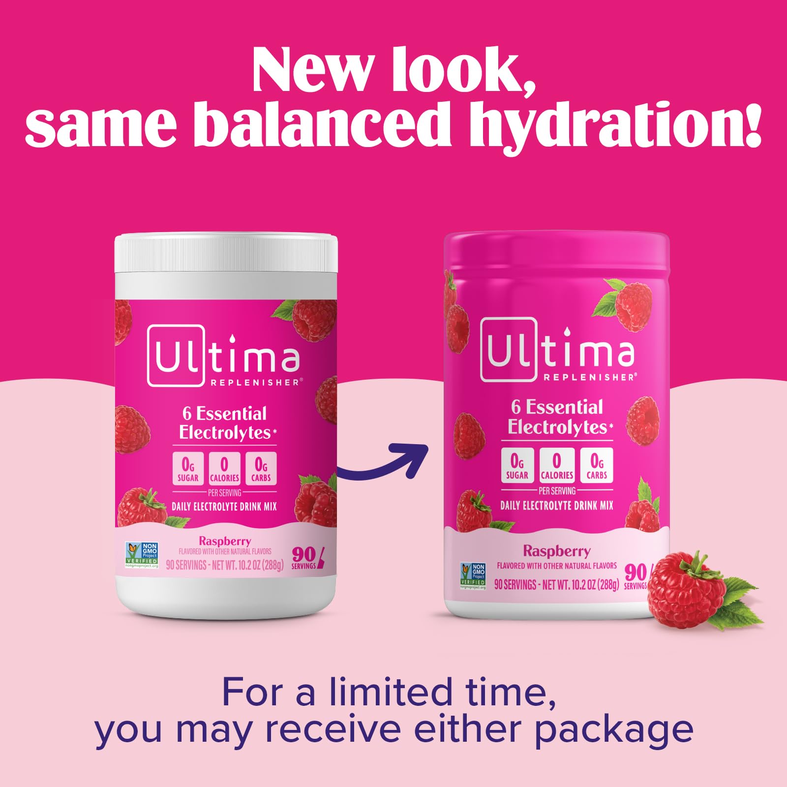 Ultima Replenisher vaso servido con color frambuesa refrescante y apetecible