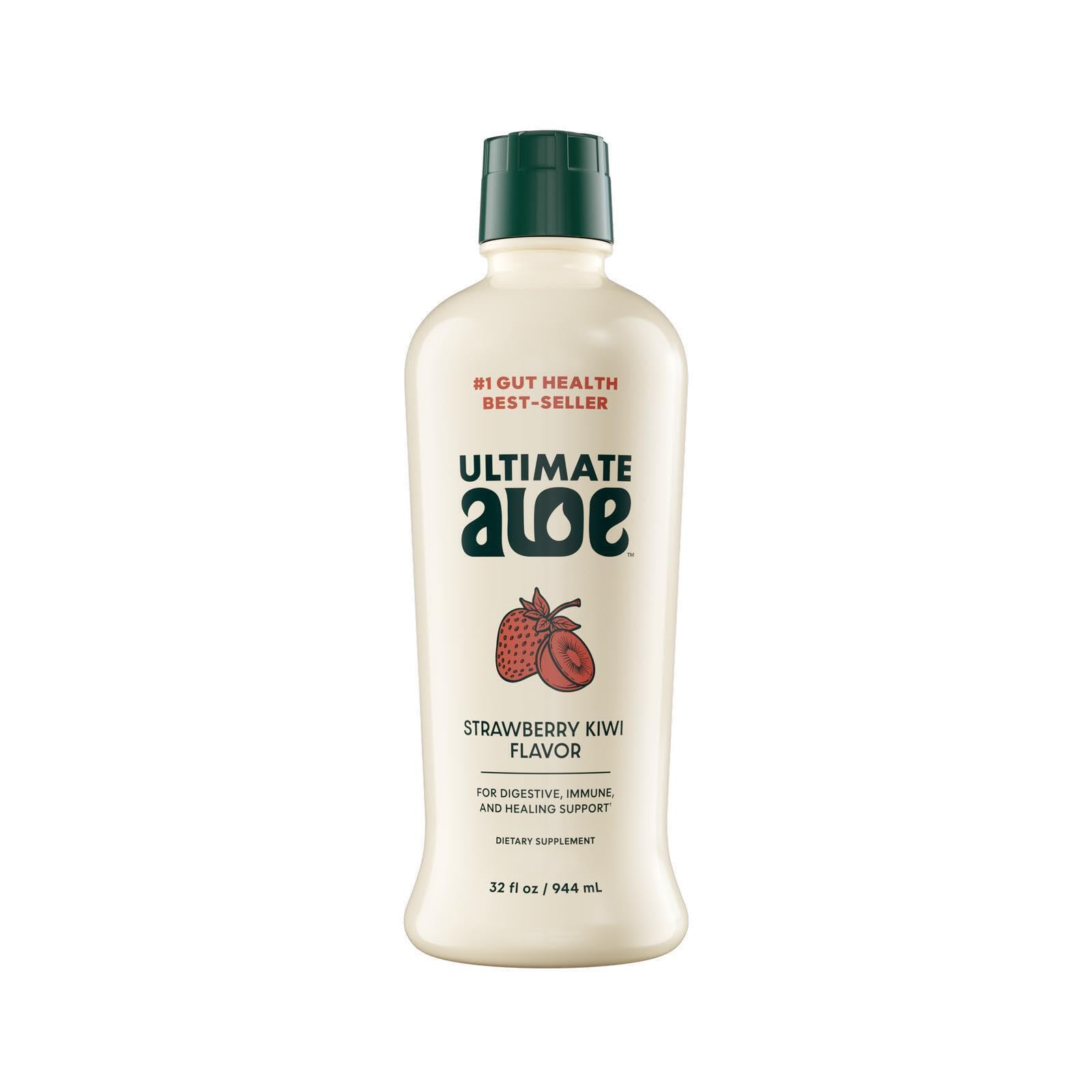Ultimate Aloe frente del envase mostrando etiqueta clara y porciones