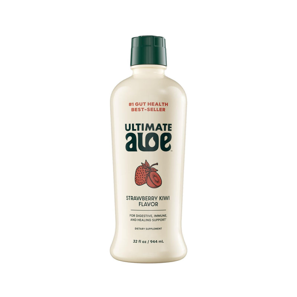 Ultimate Aloe frente del envase mostrando etiqueta clara y porciones