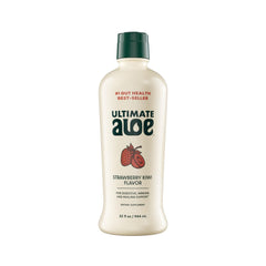 Ultimate Aloe frente del envase mostrando etiqueta clara y porciones