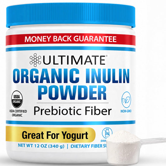 Ultimate inulina envase frontal mostrando sello orgánico y beneficio de pureza