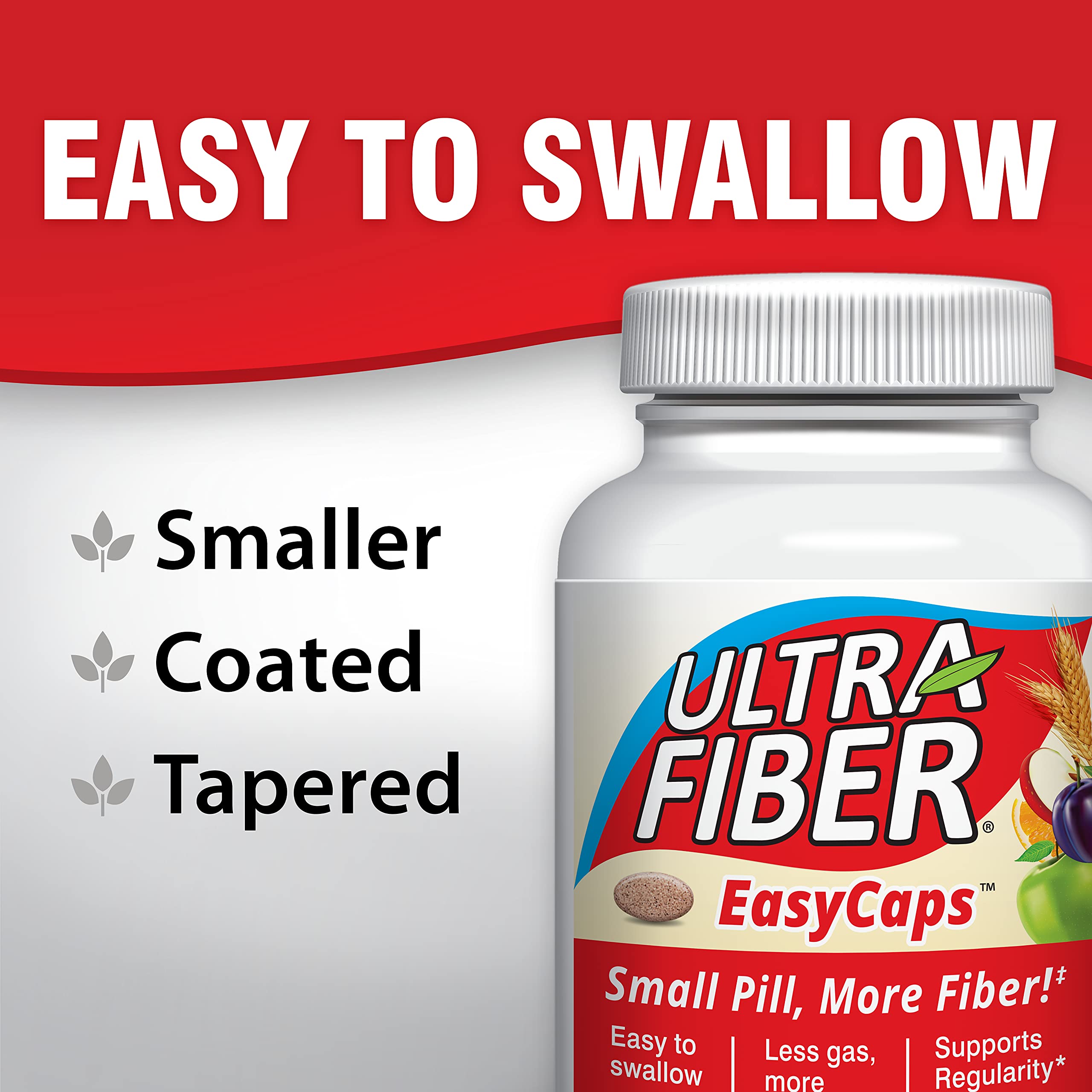 Ultra-Fiber caplet en mano para comparar tamaño y facilidad de tragar