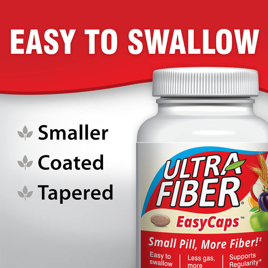 Ultra-Fiber caplet en mano para comparar tamaño y facilidad de tragar