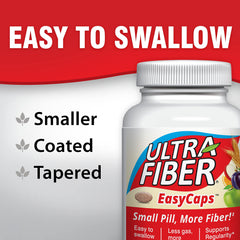 Ultra-Fiber caplet en mano para comparar tamaño y facilidad de tragar