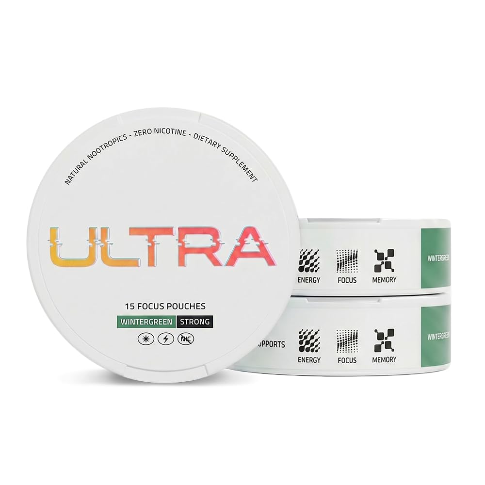 Ultra Pouches frente con latas wintergreen, presentación compacta y portátil