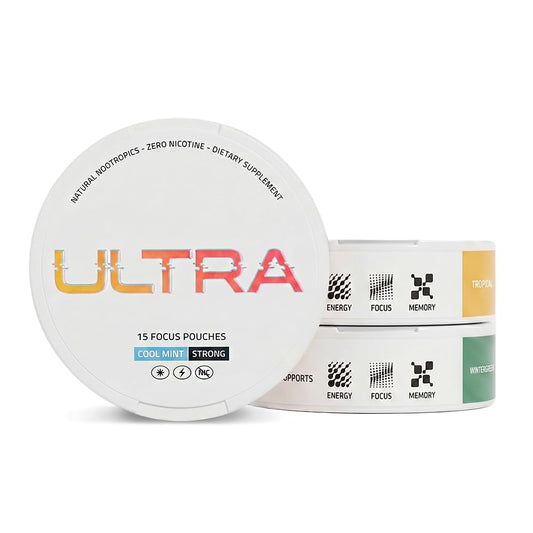 Ultra Pouches frontal con tres latas, presentación compacta y práctica