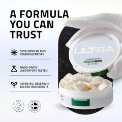 Etiqueta de ingredientes Ultra Pouches mostrando nootrópicos y vitaminas