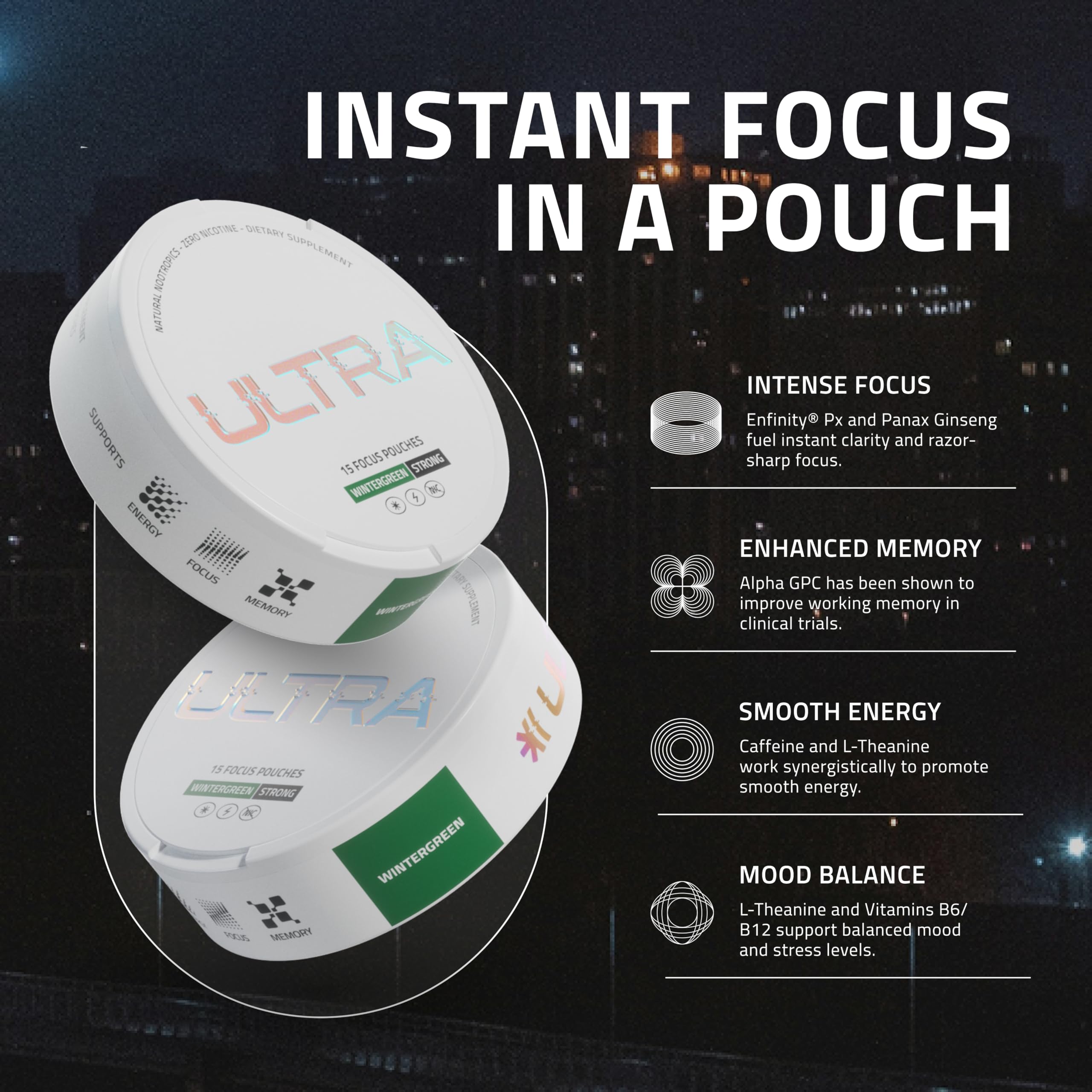 Ultra Pouches lata abierta mostrando pouches, conveniencia para llevar