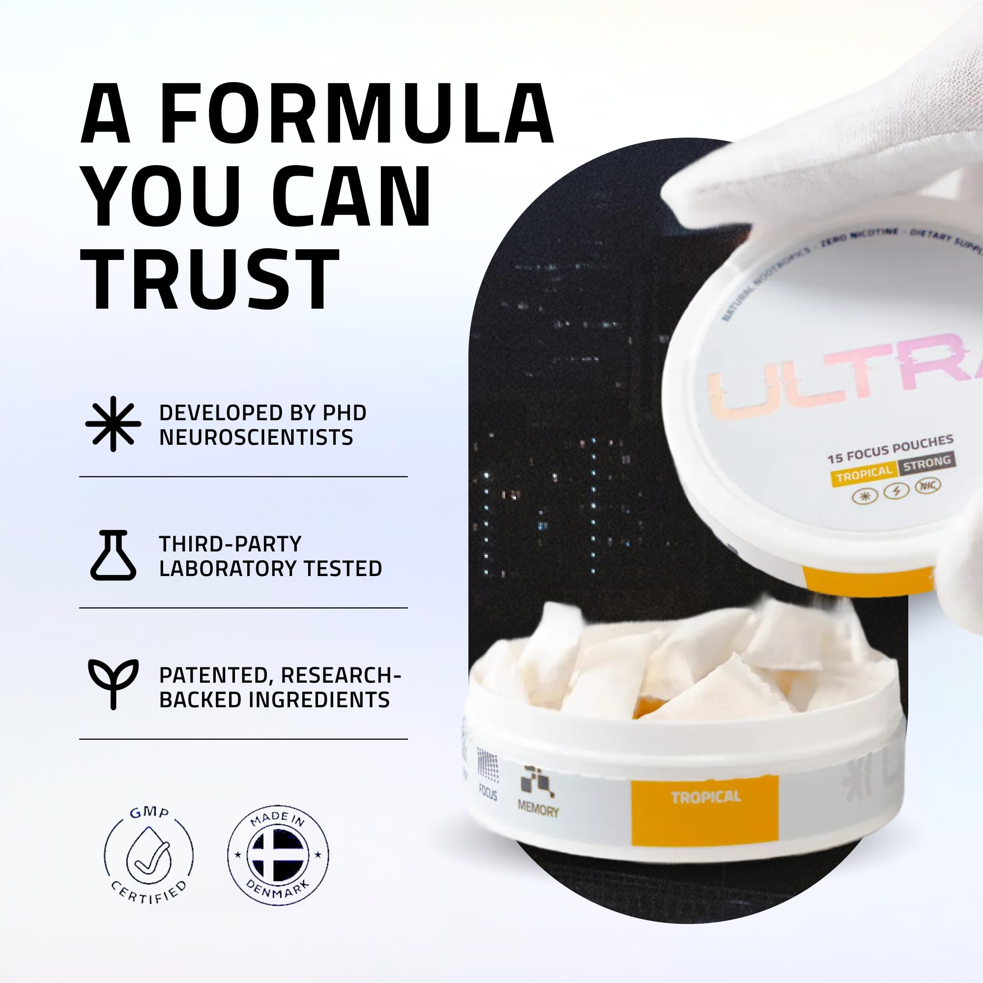 Ultra Pouches en uso en boca apoyo discreto y sin cafeína
