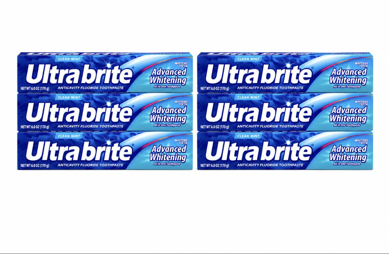 Ultrabrite frontal del paquete de seis tubos mostrando conveniencia y ahorro