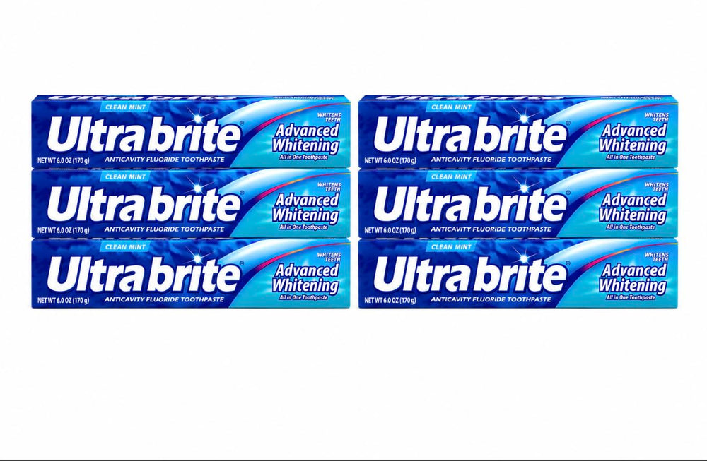 Ultrabrite frontal del paquete de seis tubos mostrando conveniencia y ahorro