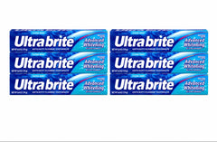 Ultrabrite frontal del paquete de seis tubos mostrando conveniencia y ahorro