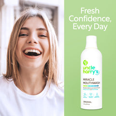Uncle Harry's botella junto a dientes mostrando apoyo estético al esmalte