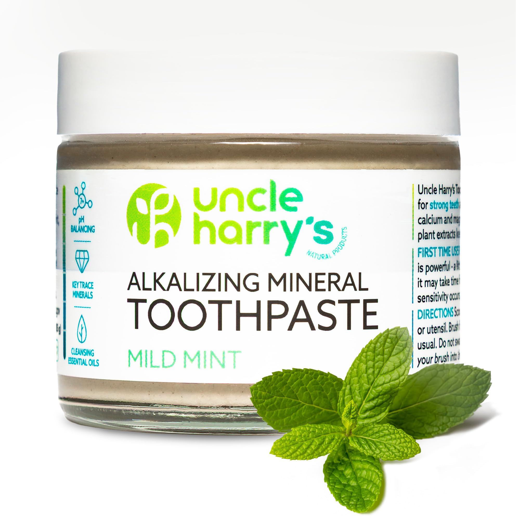 Uncle Harry's frasco frontal mostrando la etiqueta y beneficio sostenible
