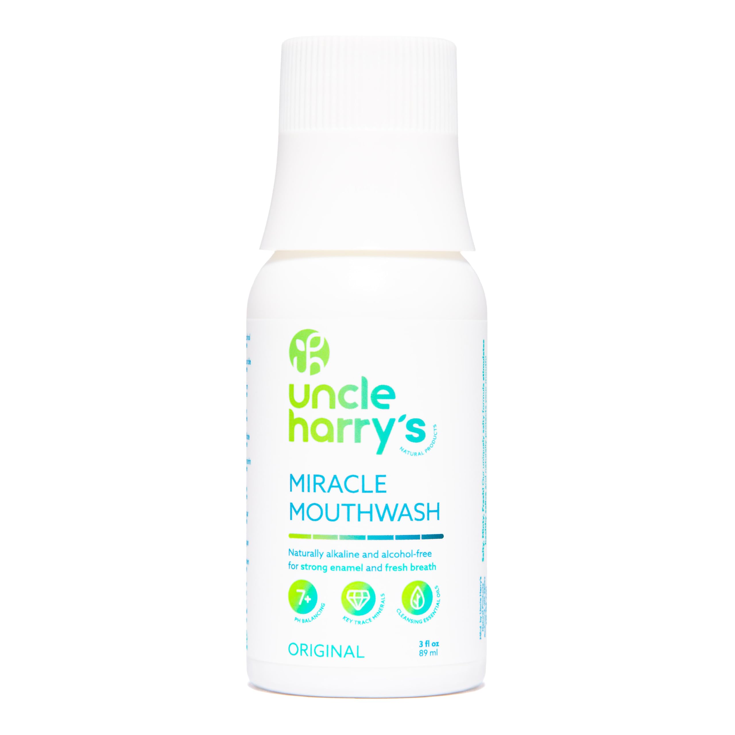 Uncle Harry's frasco frontal mostrando etiqueta y beneficio aliento fresco