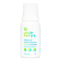 Uncle Harry's frasco frontal mostrando etiqueta y beneficio aliento fresco