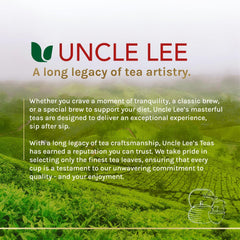 Uncle Lee's Tea etiqueta con ingredientes y advertencias, información clara para el consumidor