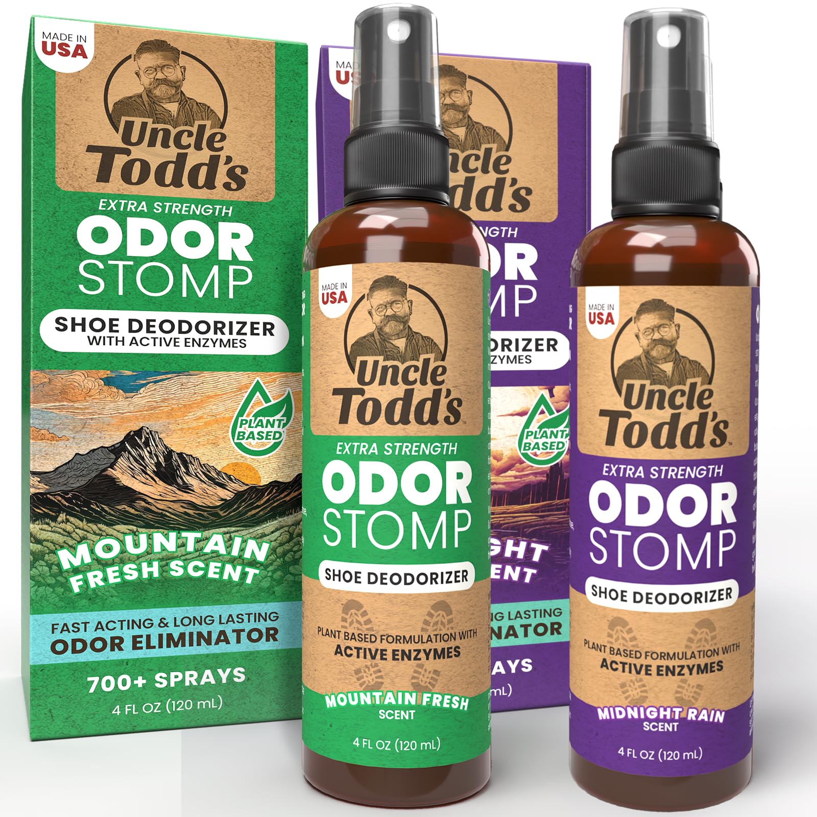 Uncle Todd's vista frontal del pack con dos fragancias para frescura duradera