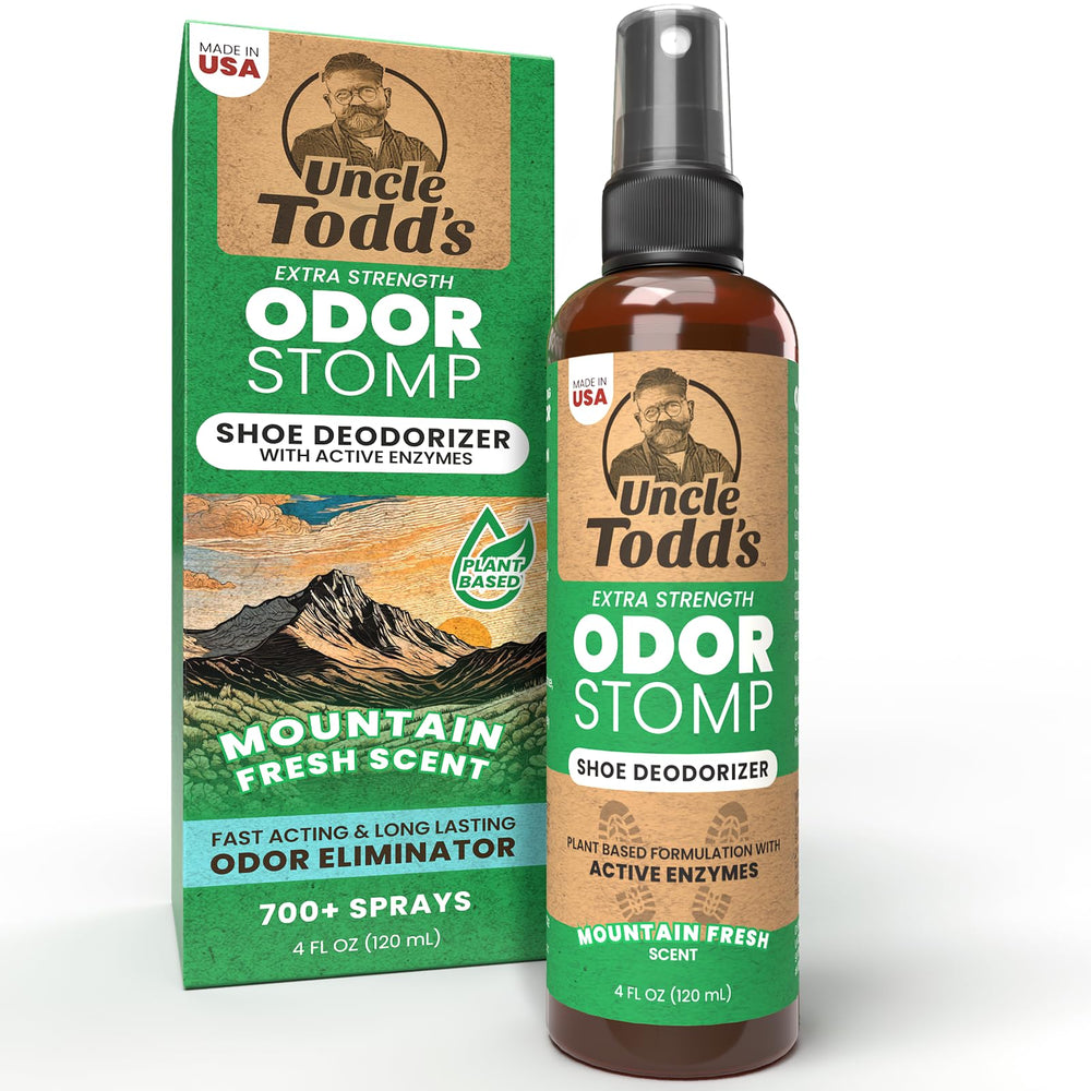 Uncle Todd's spray frontal mostrando envase y conveniencia para refrescar zapatos