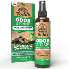 Uncle Todd's spray frontal mostrando envase y conveniencia para refrescar zapatos