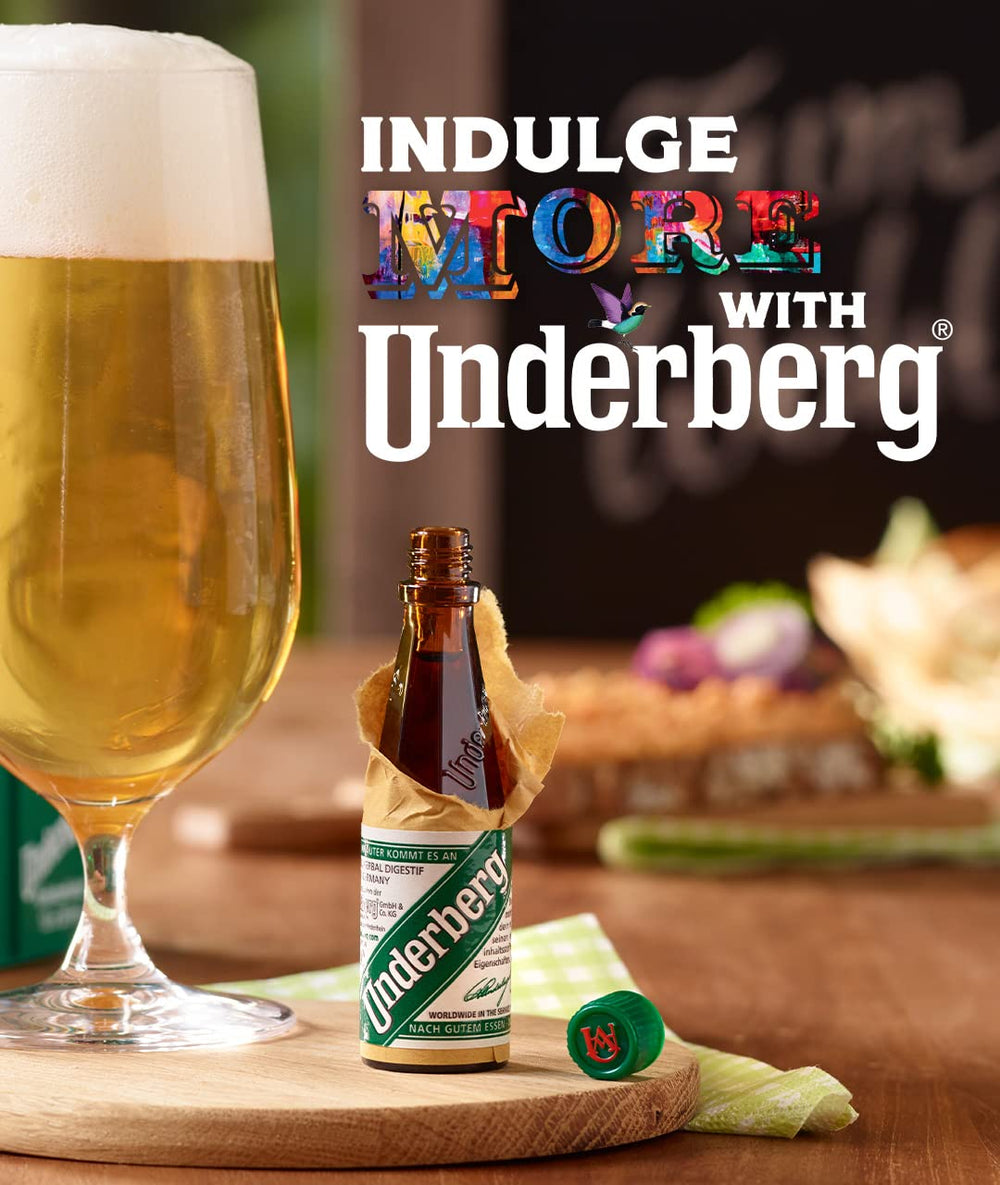 Underberg close-up de botella junto a vaso, aporta autenticidad