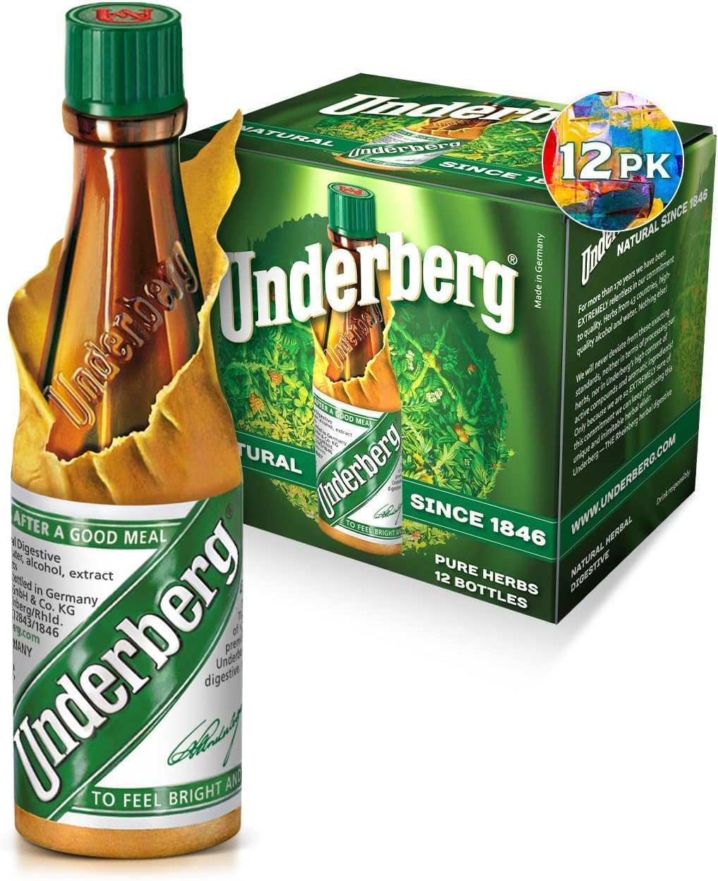 Underberg paquete frontal mostrando 12 botellas, elegante y práctico
