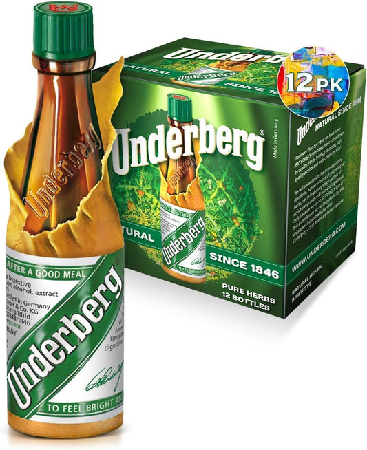 Underberg paquete frontal mostrando 12 botellas, elegante y práctico