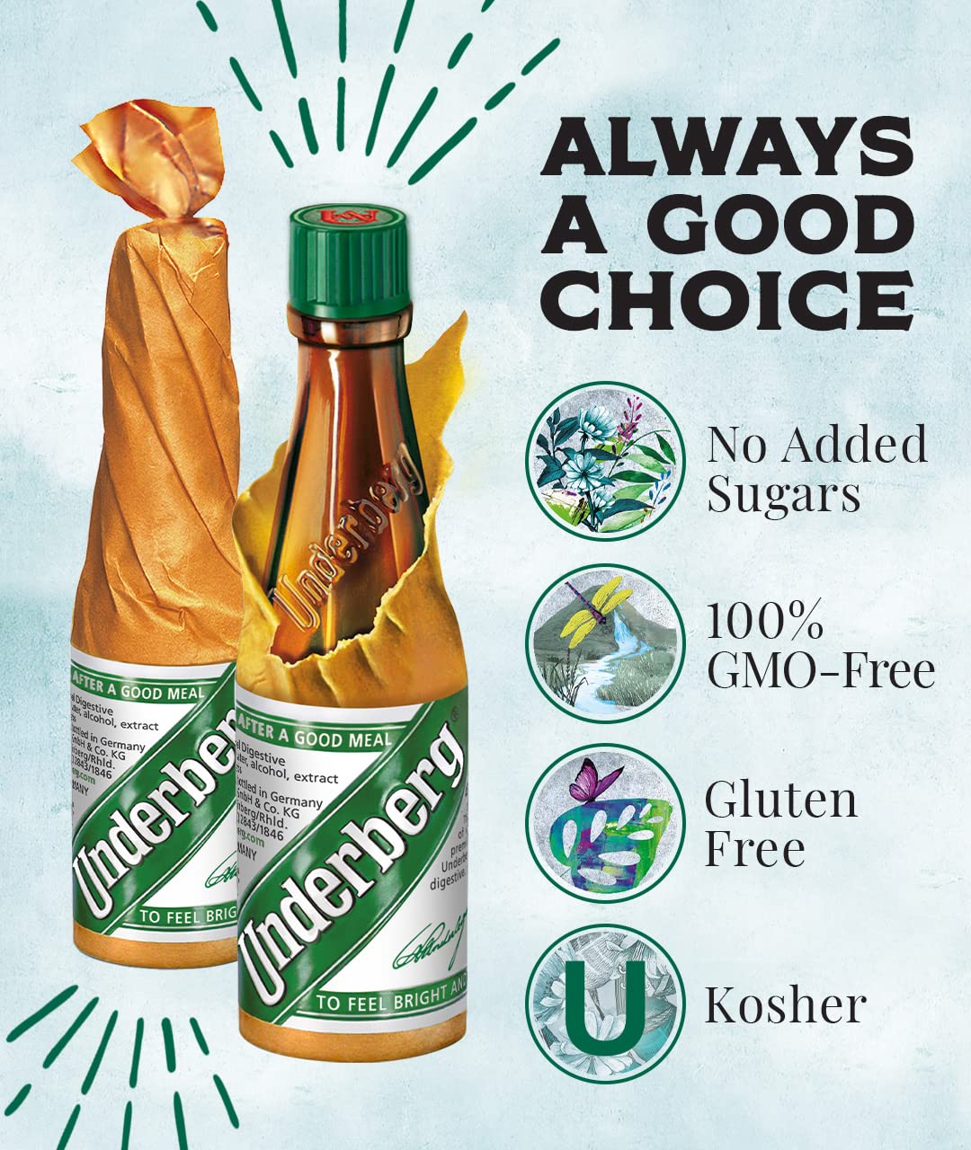 Underberg servida tras la comida en mesa, limpieza de paladar