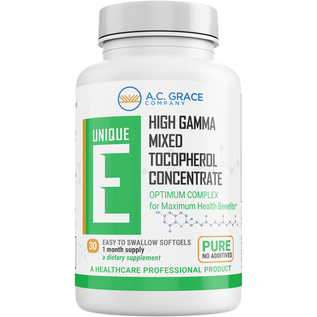 Unique E A.C. Grace mixed tocopherols softgels bottle front supports daily vitamin E intake.