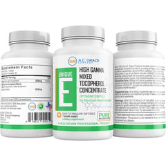Unique E A.C. Grace mixed tocopherols softgels label shows natural vitamin E and allergen-free formula.