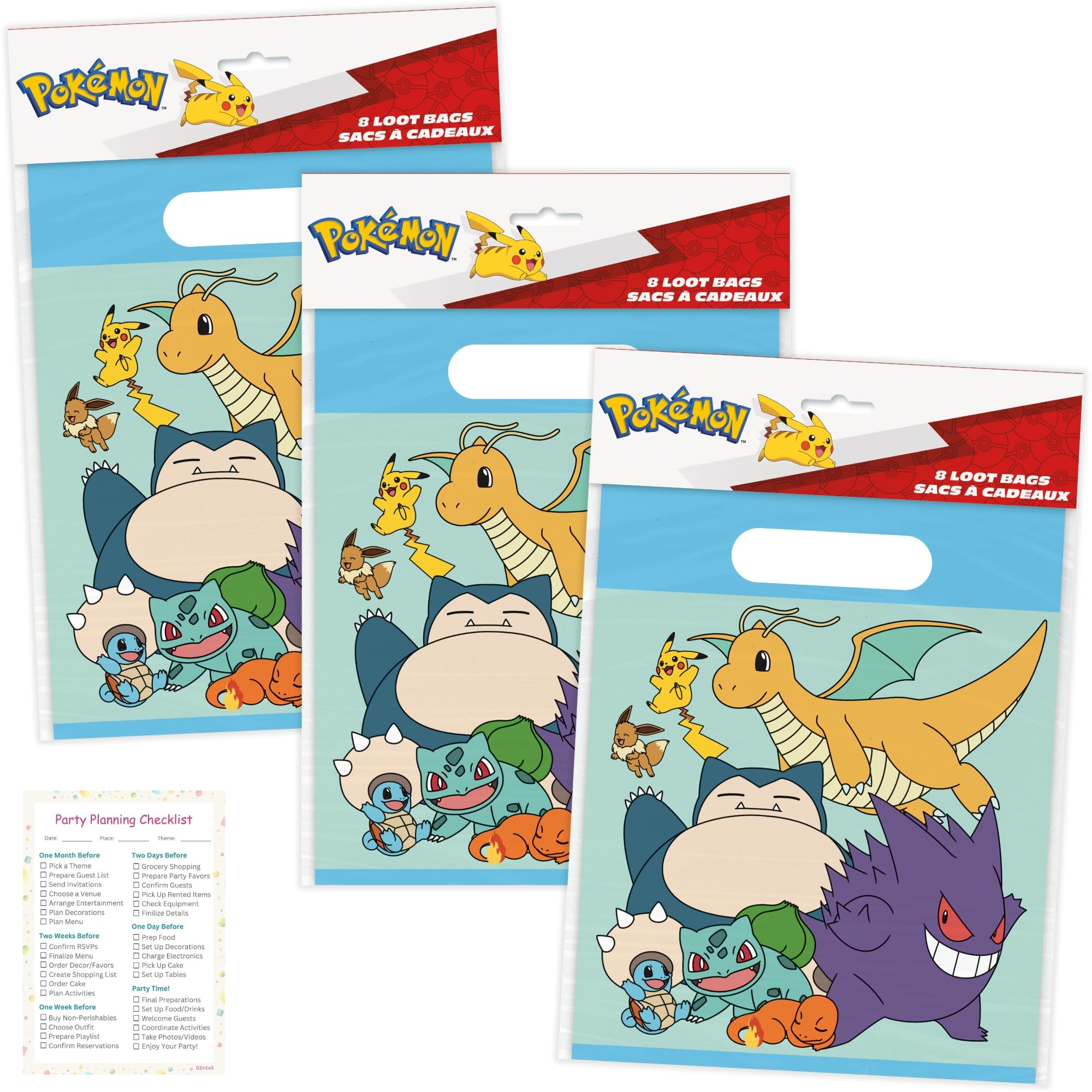 Unique bolsas Pokemon pack frontal con colores vivos y personajes, ideal para fiestas