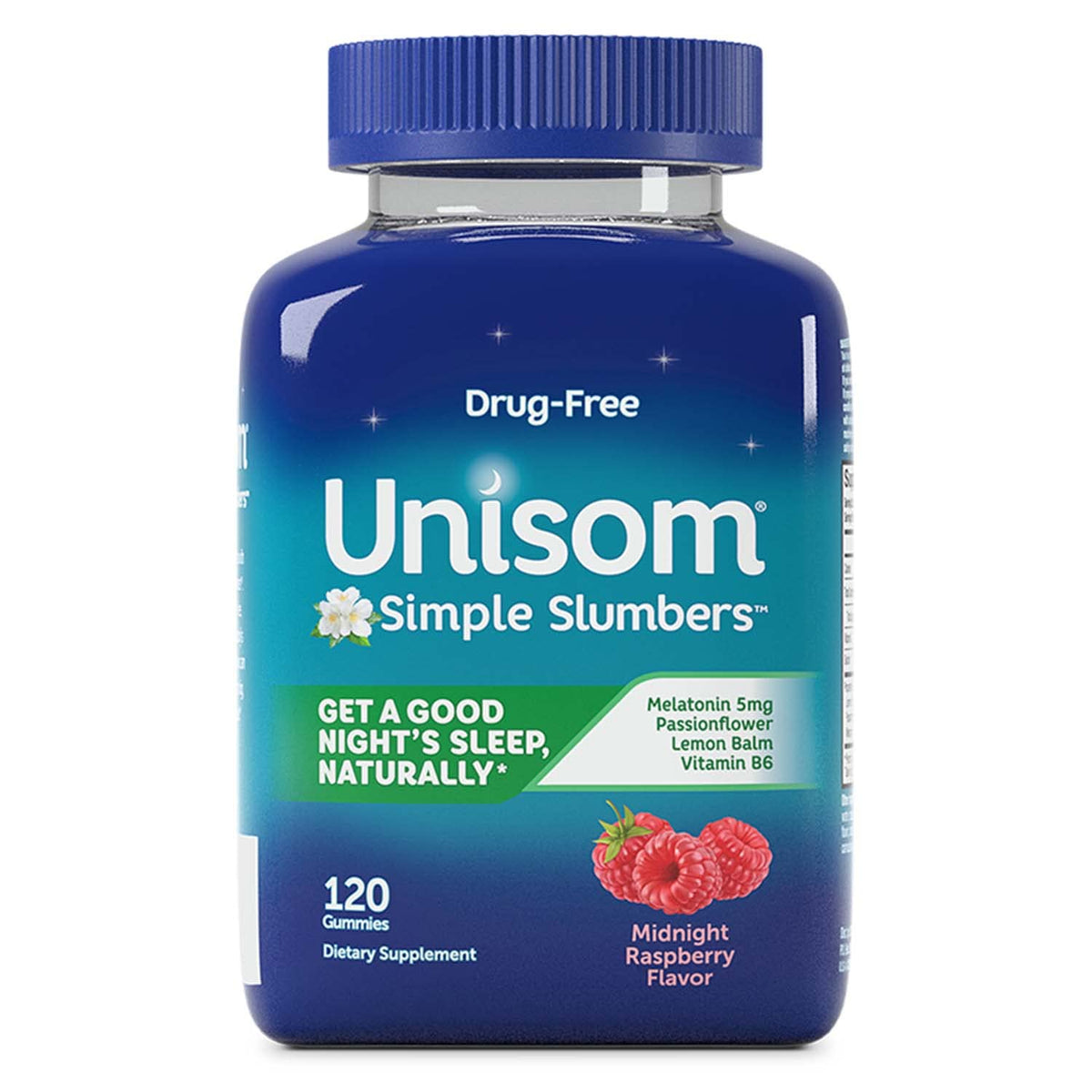 Unisom botella frontal Midnight Raspberry mostrando etiqueta y cantidad 120