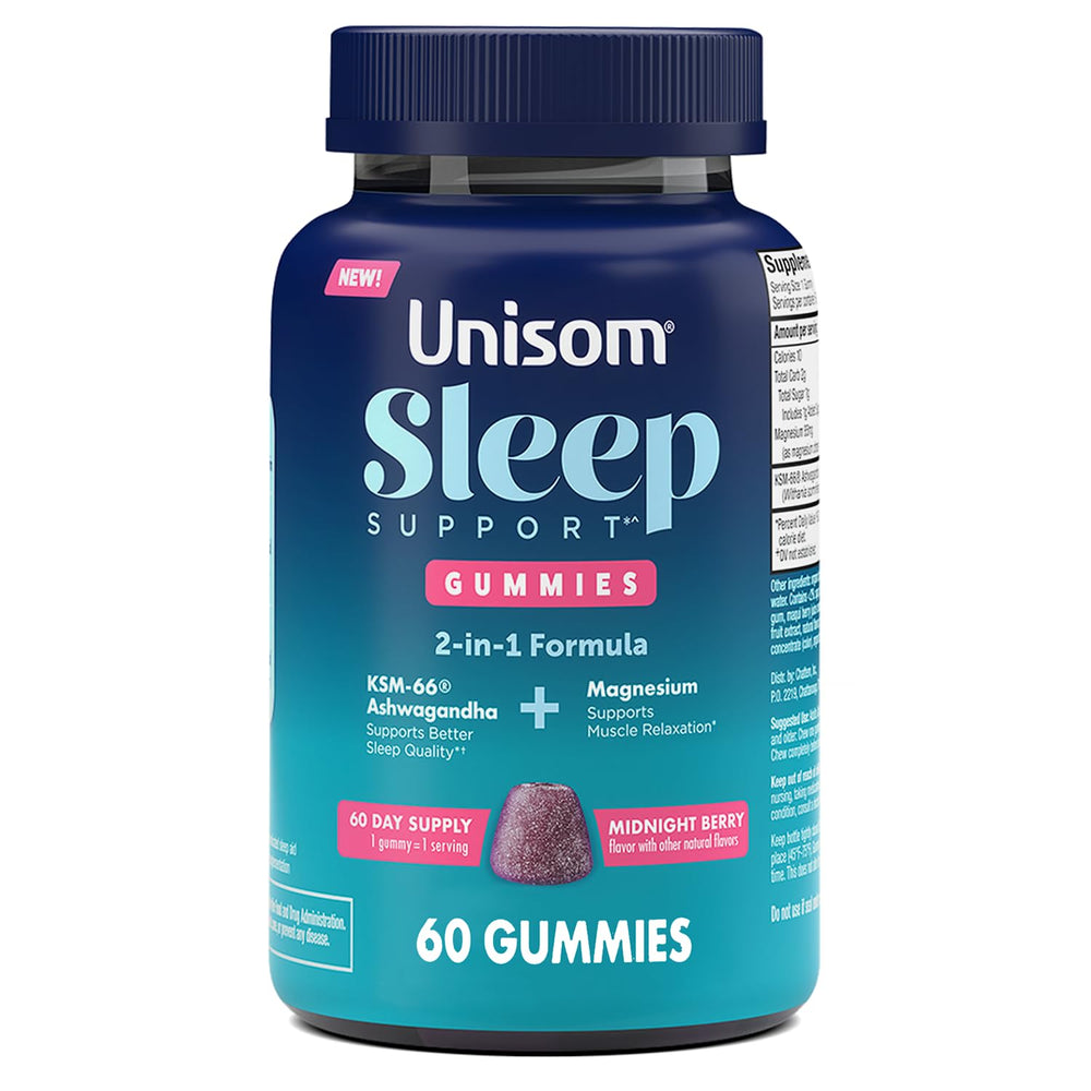 Envase Unisom Sleep Support Gummies frontal con 60 gominolas, opción relajante nocturna