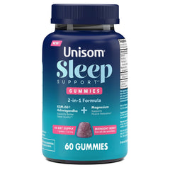Envase Unisom Sleep Support Gummies frontal con 60 gominolas, opción relajante nocturna