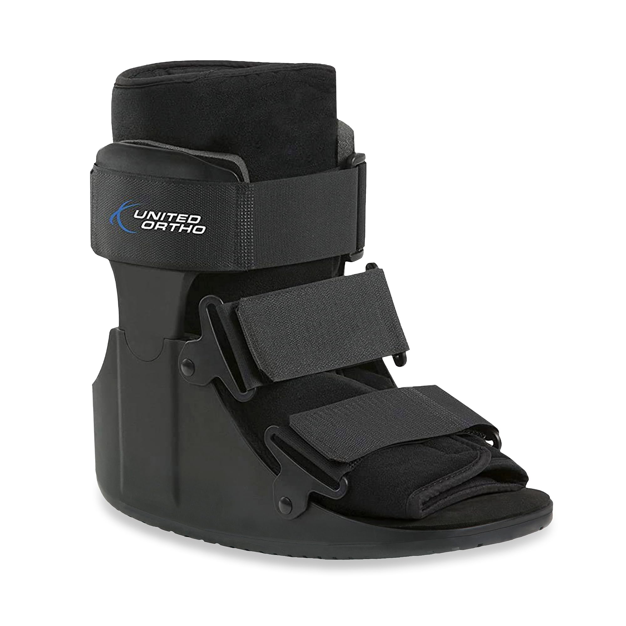 United Ortho vista frontal de la bota negra con soporte y estabilidad