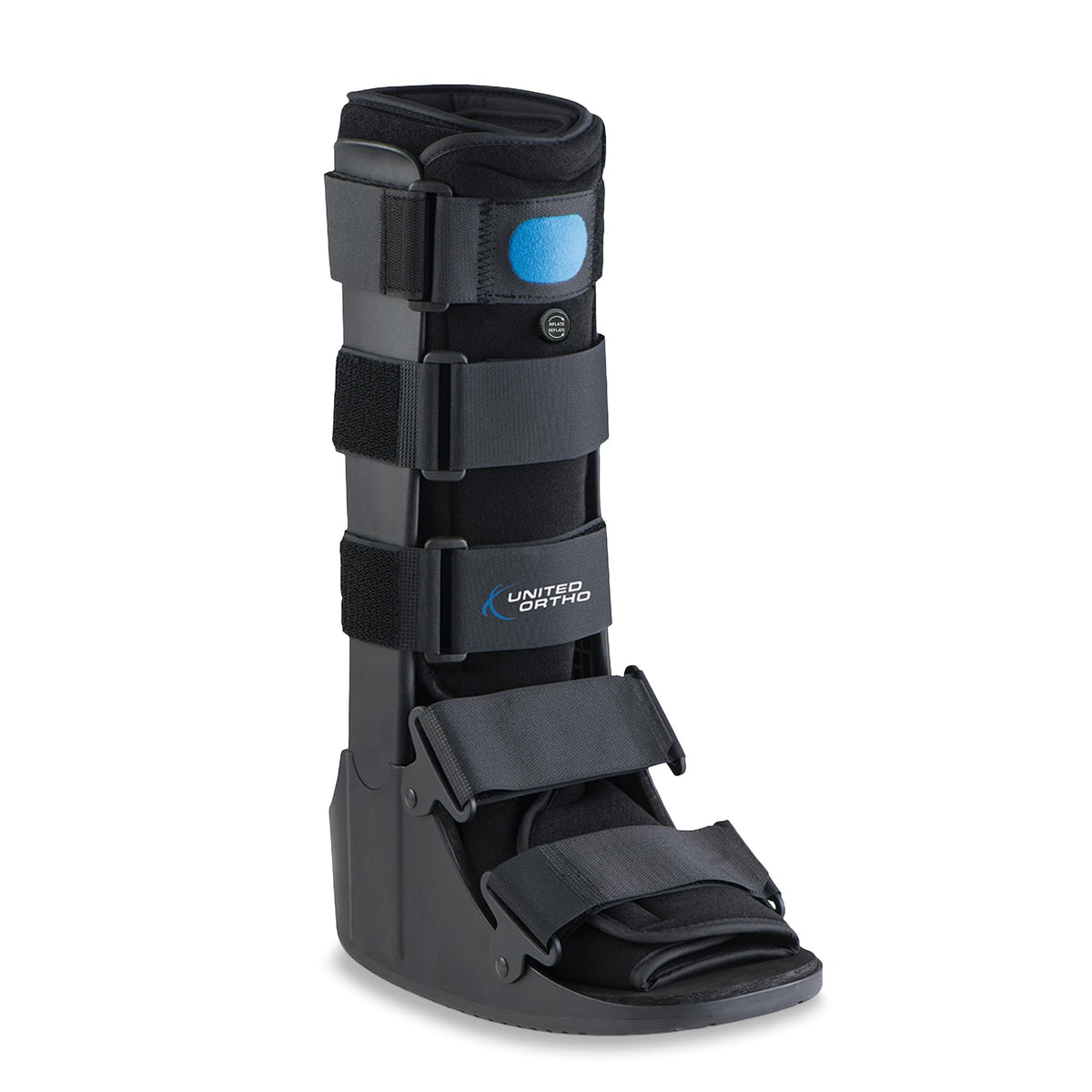 United Surgical bota frontal negra mostrando cierre y suela, soporte estable