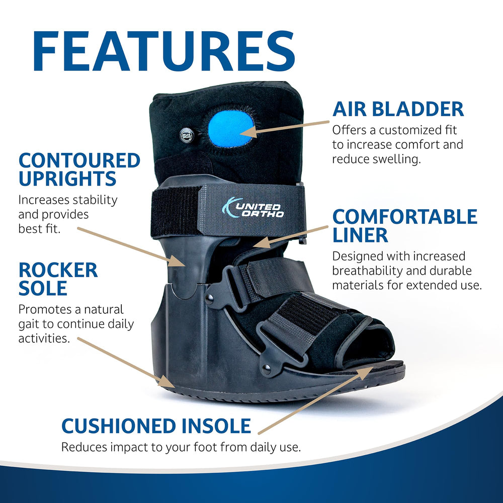 United Ortho persona usando la bota caminando con mayor comodidad