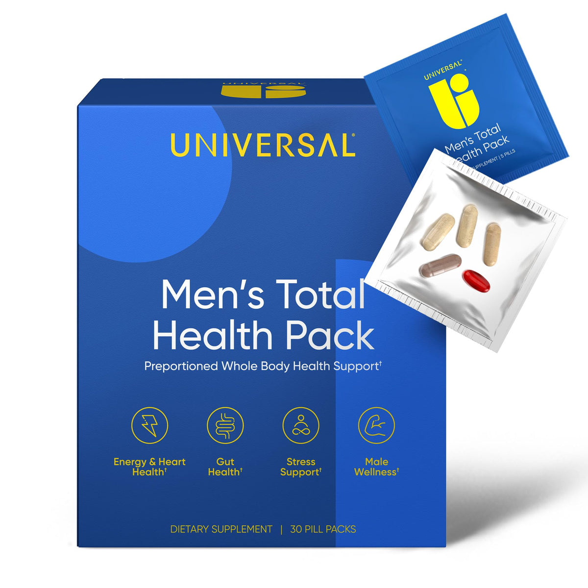 Universal U vista frontal del envase con sobres diarios para conveniencia