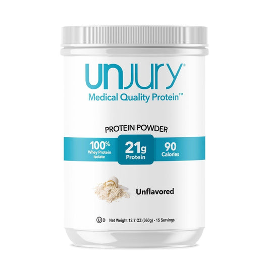 Envase Unjury Unflavored frontal mostrando etiqueta y beneficio de proteína pura
