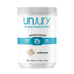 Envase Unjury Unflavored frontal mostrando etiqueta y beneficio de proteína pura