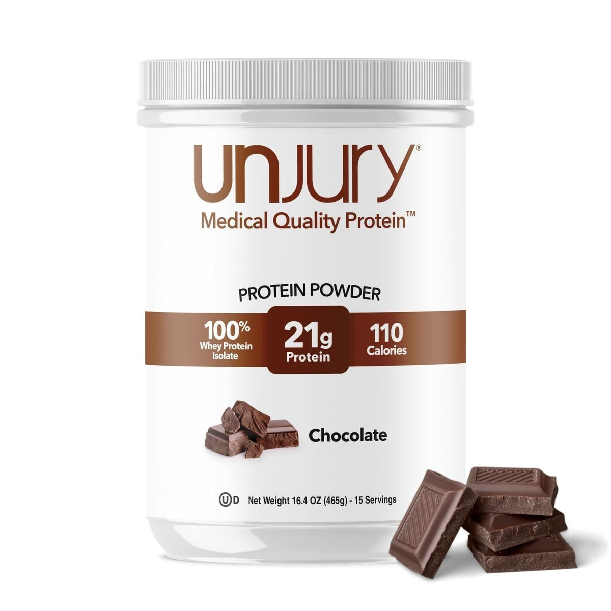 Unjury envase frontal chocolate mostrando marca y tamaño, conveniente y fiable