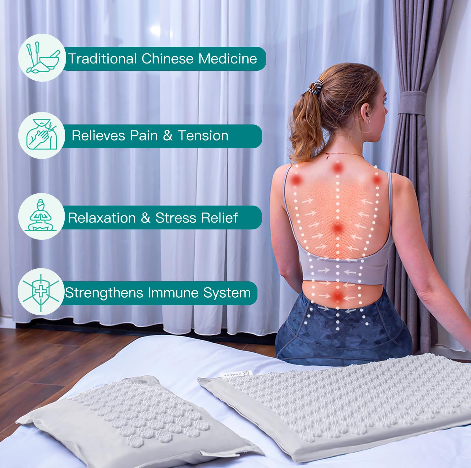 UNMERA detalle del cojín con relleno de cáscara de alforfón, soporte cervical ergonómico