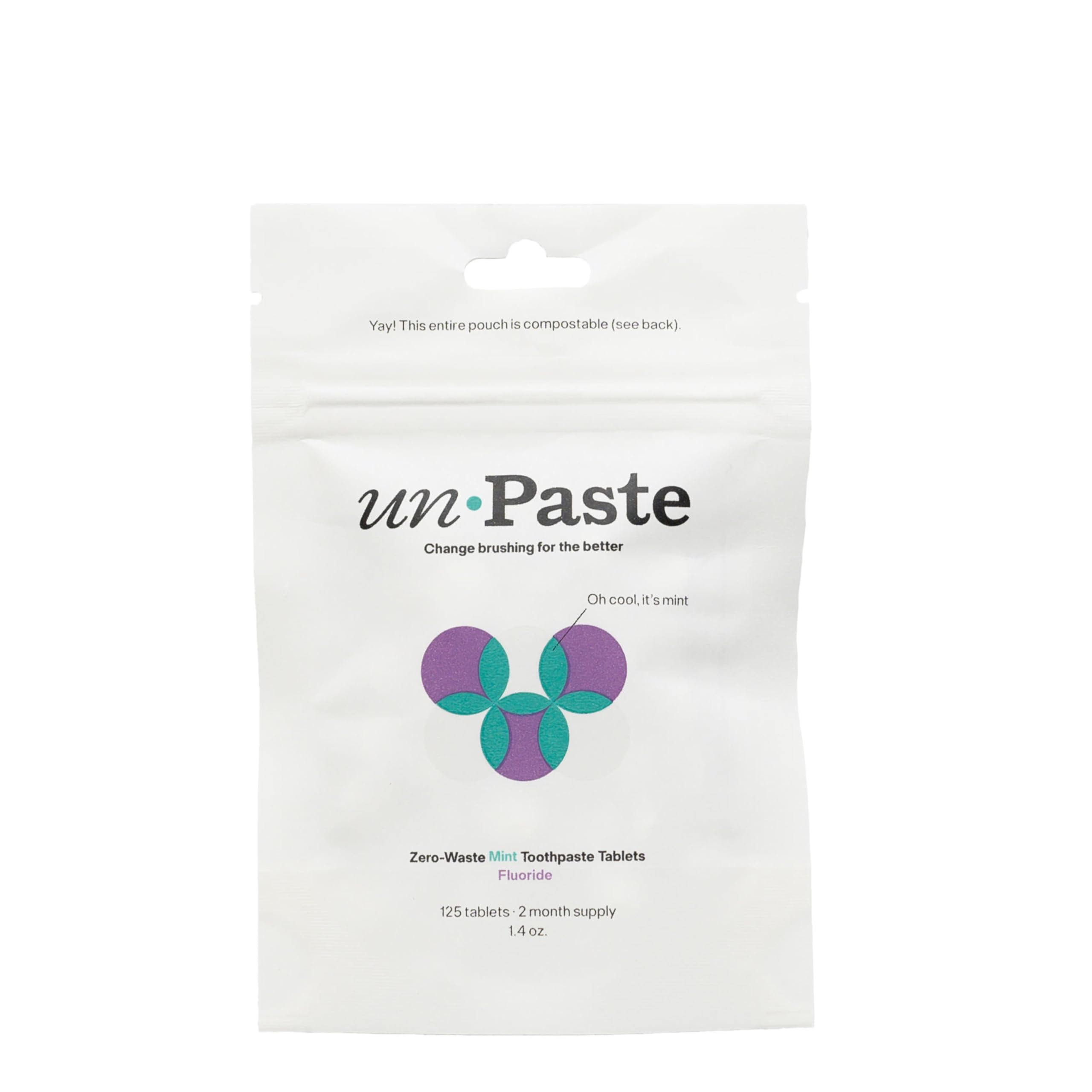 Unpaste frente del paquete 125 tabletas mostrando empaque resellable y beneficio ecológico