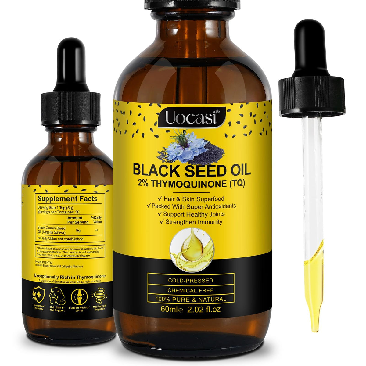 Uocasi aceite de semilla negra botella frontal muestra pureza