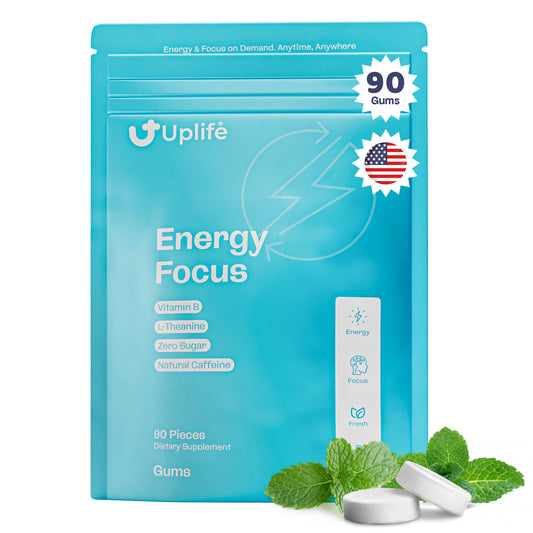 UPLIFE chicle frente del embalaje mostrando 90 piezas y beneficios