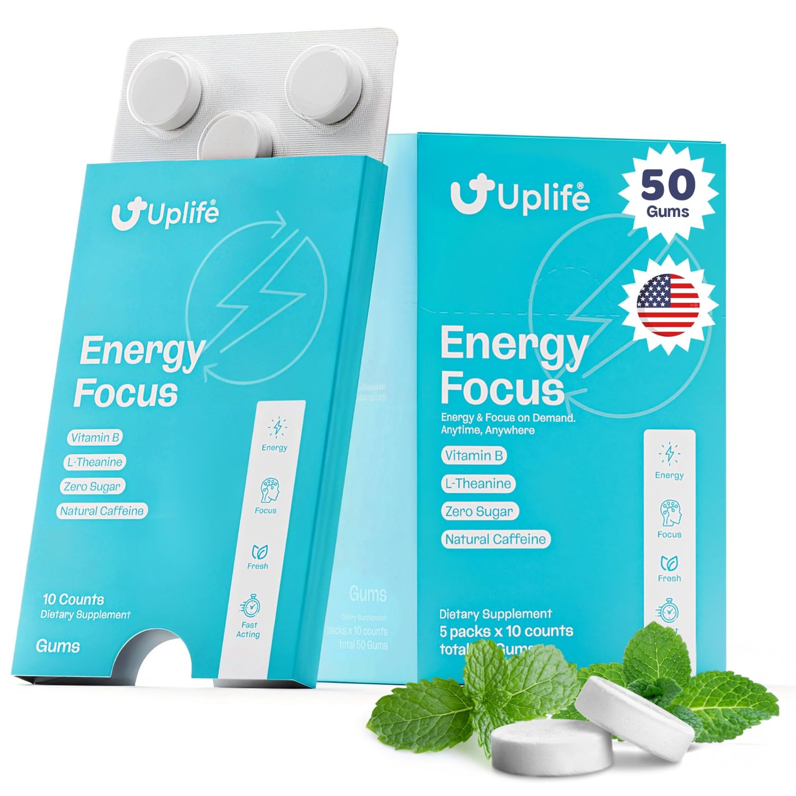 UPLIFE chicle frente del paquete mostrando menta y beneficios rápidos
