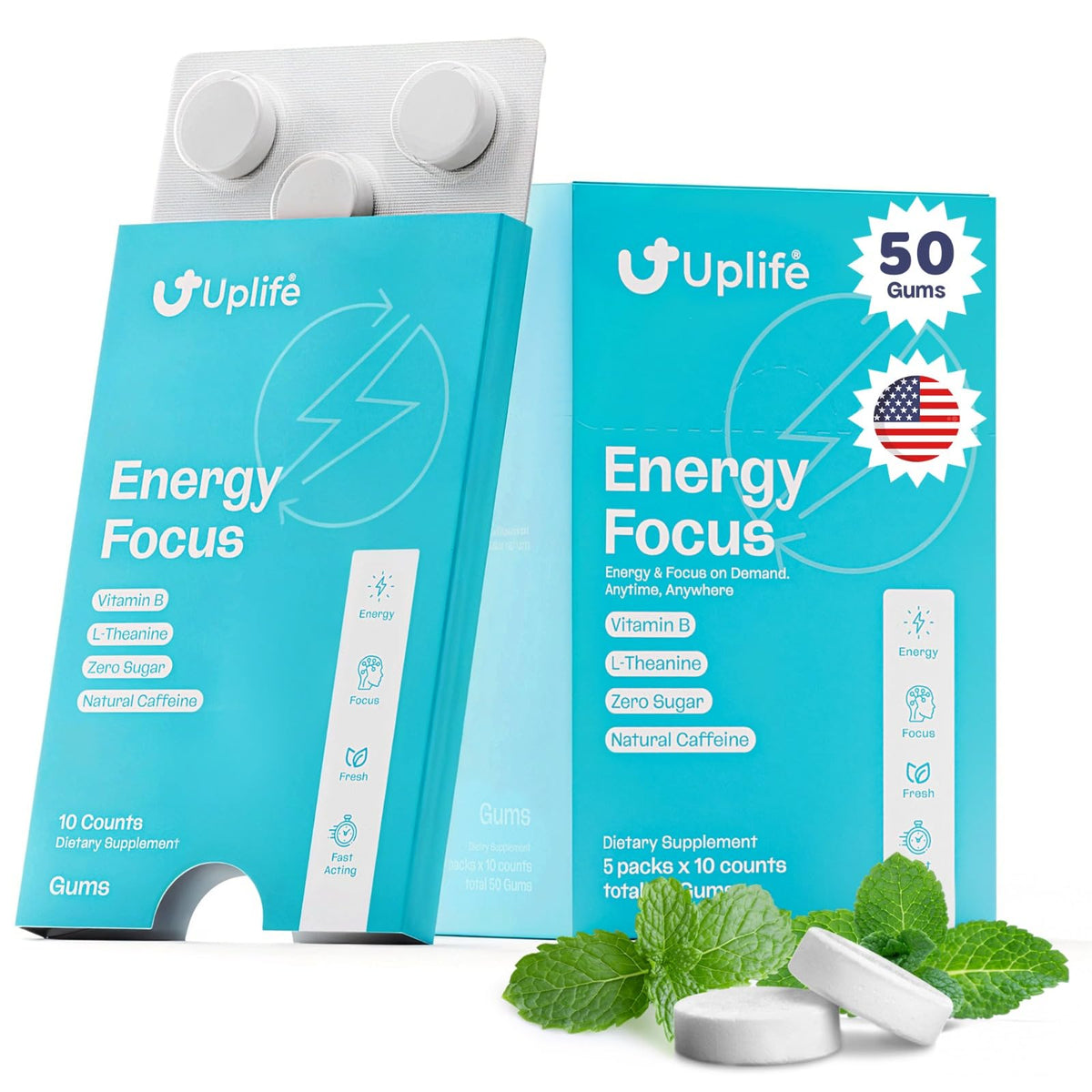UPLIFE chicle frente del paquete mostrando menta y beneficios rápidos