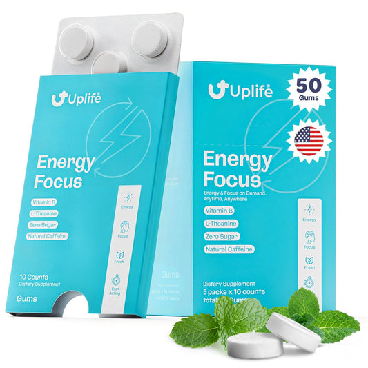 UPLIFE chicle frente del paquete mostrando menta y beneficios rápidos
