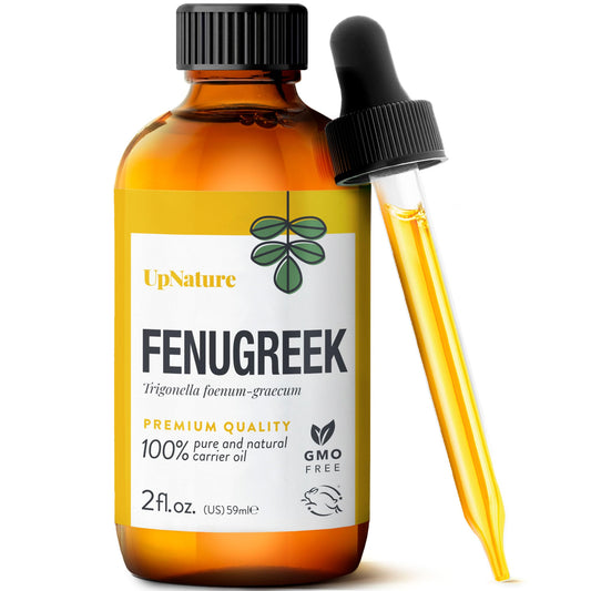 UpNature frasco frontal de aceite de fenogreco muestra presentación y pureza